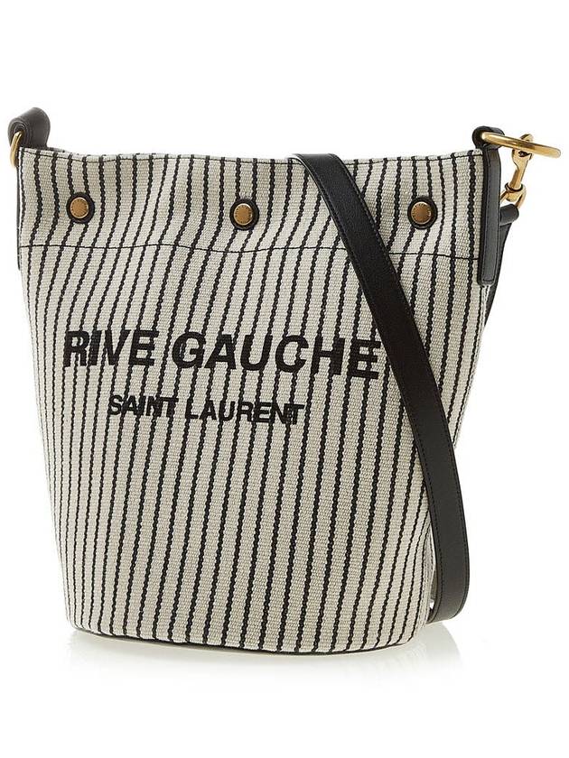 Rive Gauche Striped Canvas Leather Bucket Bag Cream Black - SAINT LAURENT - BALAAN 4