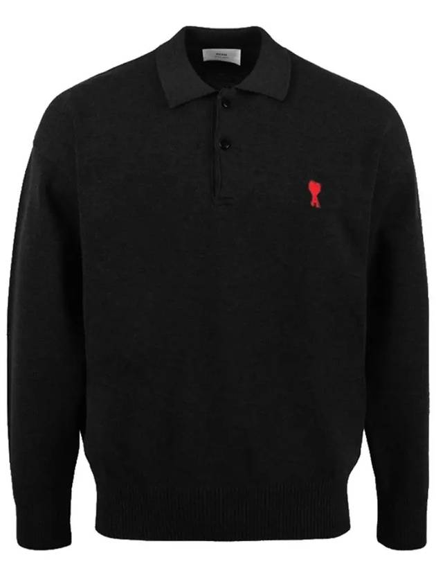 Small Heart Extra Fine Merino Wool PK Shirt Black - AMI - BALAAN.