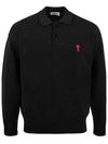 Small Heart Extra Fine Merino Wool Polo Shirt Black - AMI - BALAAN 3