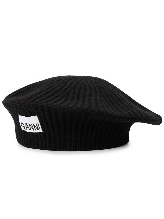 Logo Rib Edge Wool Beret Black - GANNI - BALAAN 3