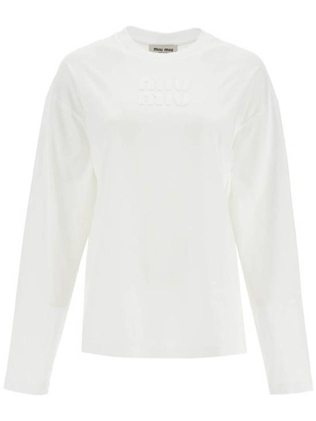 Logo Embroidered Cotton Long Sleeve T-shirt White - MIU MIU - BALAAN 2