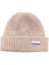 Logo Patch Recycled Wool Blend Ribbed Knit Beanie Beige - GANNI - BALAAN 1