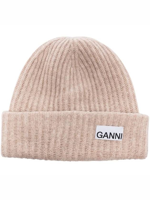 Logo Patch Recycled Wool Blend Ribbed Knit Beanie Beige - GANNI - BALAAN 1