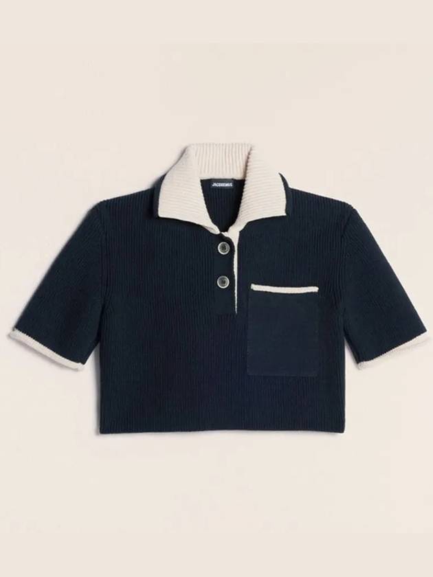 Le Maille Arco Contrasted Cropped Knit Polo Shirt Navy - JACQUEMUS - BALAAN 3