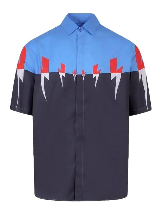 Men's Bowling Tiger Bolt Print Short Sleeve Shirt Black Blue - NEIL BARRETT - BALAAN 1