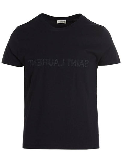 Reverse Logo Print Cotton Short Sleeve T-Shirt Navy - SAINT LAURENT - BALAAN 2