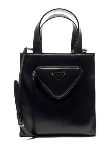 Triangle Logo Pocket Leather Tote Bag Black - PRADA - BALAAN 1