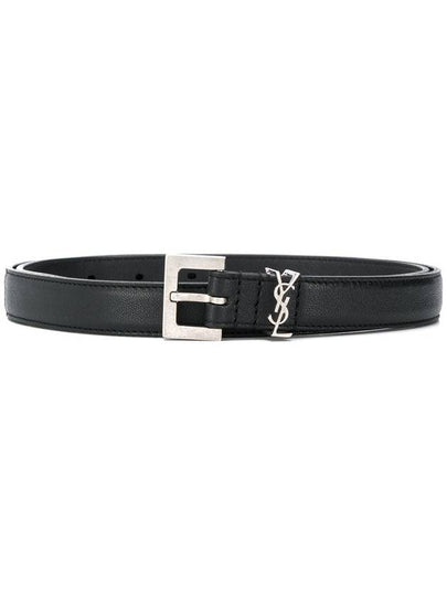 Men's Monogram Silver Buckle Leather Belt Black - SAINT LAURENT - BALAAN 2