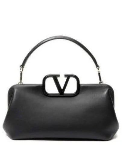 V Logo Plaque Detail Leather Tote Bag Black - VALENTINO - BALAAN 2