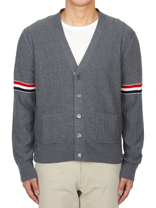 RWB V-neck Striped Virgin Wool Cardigan Grey - THOM BROWNE - BALAAN 3