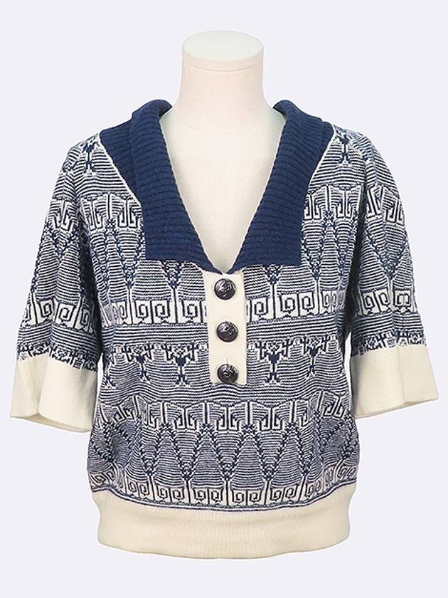 Chanel P47602K06027 Navy Ivory Two tone COCO Logo Button Detail V neck Women s Knit Size 38 - CHANEL - BALAAN 1