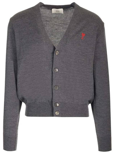 Red Heart Logo Merino Wool Cardigan Heather Grey - AMI - BALAAN 1