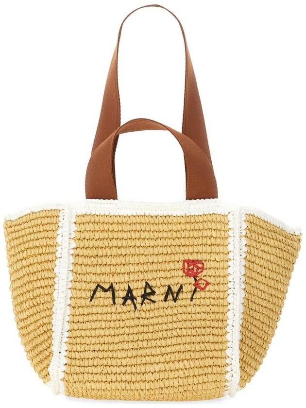 Embroidered Logo Woven Tote Bag Beige - MARNI - BALAAN 4