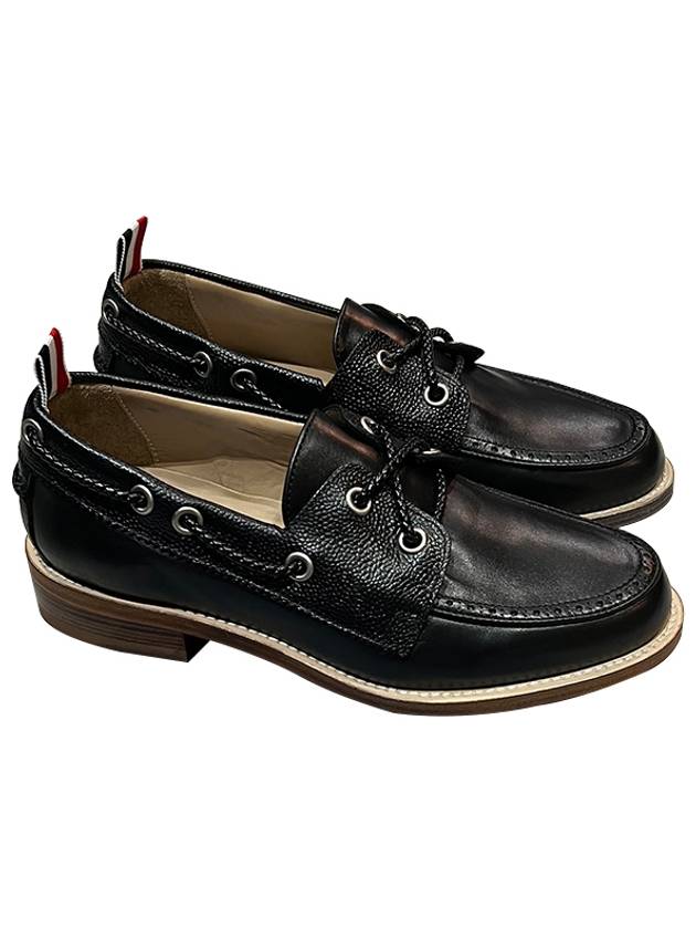 Men's Vitello Calf Leather Boat Shoes Black - THOM BROWNE - BALAAN.