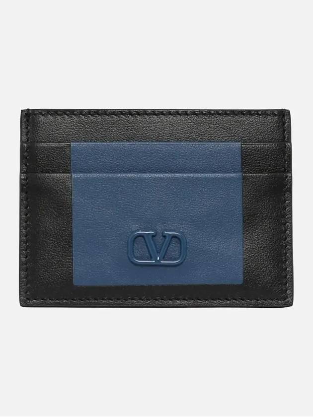 V Logo Leather Card Wallet Navy - VALENTINO - BALAAN 3