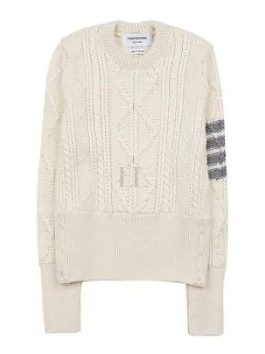 4 Bar Aran Cable Merino Crew Neck Pullover Knit Top White - THOM BROWNE - BALAAN 2