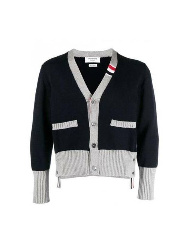 Three Stripe V Neck Cotton Cardigan Navy - THOM BROWNE - BALAAN 2