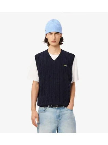 Men s Cable V Neck Vest Navy - LACOSTE - BALAAN 1