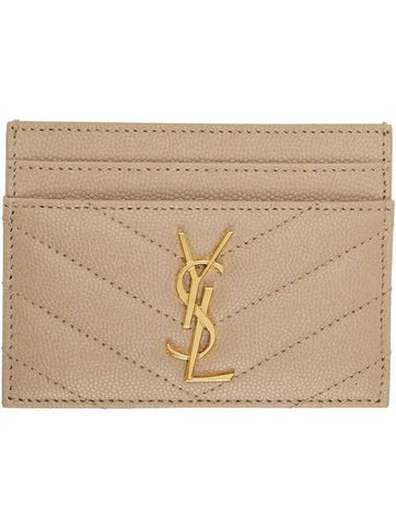 YSL Gold Tone Monogram Logo Quilted Grain Leather Card Holder Beige - SAINT LAURENT - BALAAN 1