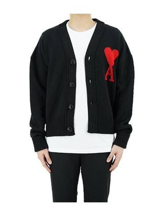 Intarsia Big Heart Logo Oversized Virgin Wool Cardigan Black - AMI - BALAAN 3