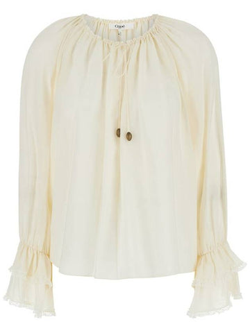 Cream White Loose Blouse With Drawstring In Silk Woman - CHLOE - BALAAN 1