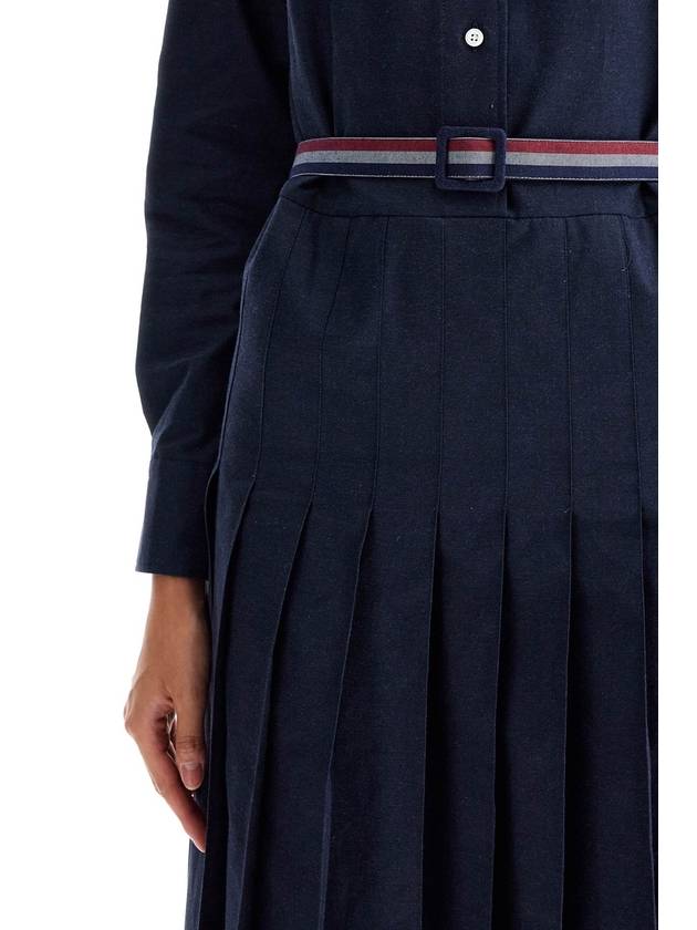 Stripe Flannel Pleated Bottom Belted Cotton Midi Dress Navy - THOM BROWNE - BALAAN 5