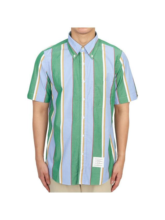 Straight Fit Button Down Short Sleeve Shirt Green Blue - THOM BROWNE - BALAAN 2