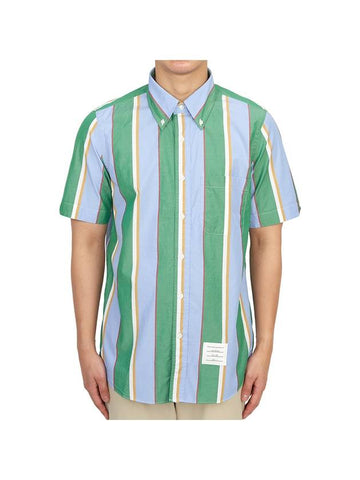 Straight Fit Button Down Short Sleeve Shirt Green Blue - THOM BROWNE - BALAAN 1