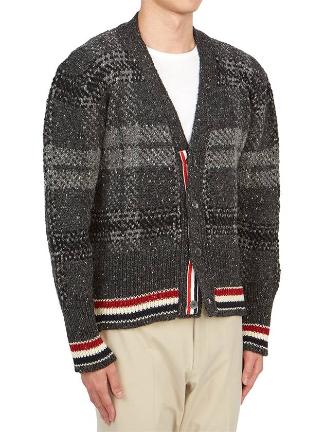 Donegal Tartan Stripe V-Neck Cardigan Grey - THOM BROWNE - BALAAN 5