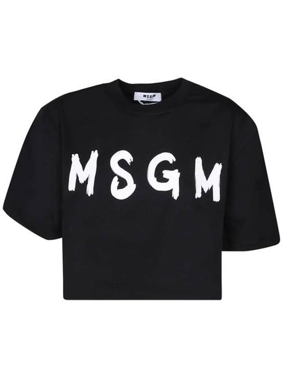 Logo Print Crop Cotton Short Sleeved T-shirt Black - MSGM - BALAAN 2