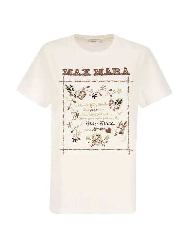 Women's Embroidered Cotton Short Sleeve T-Shirt Ivory - MAX MARA - BALAAN.