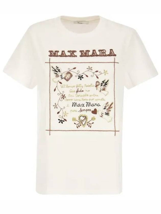 Women's Embroidered Cotton Short Sleeve T-Shirt Ivory - MAX MARA - BALAAN.