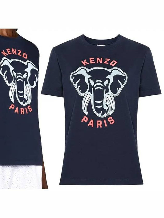 Elephant Print Cotton Short Sleeve T-Shirt Navy - KENZO - BALAAN 2