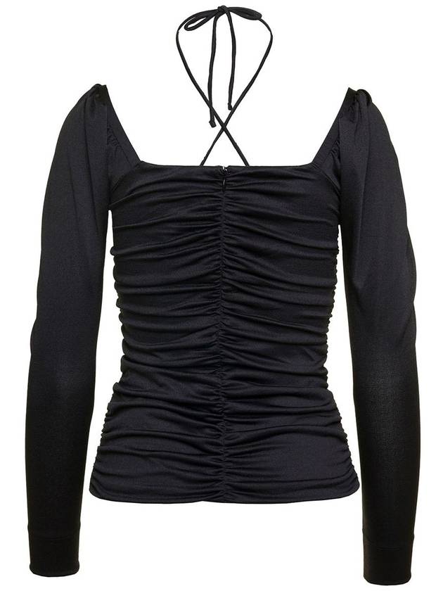 Shiny Crepe Jersey Ruched Blouse Black - GANNI - BALAAN 3