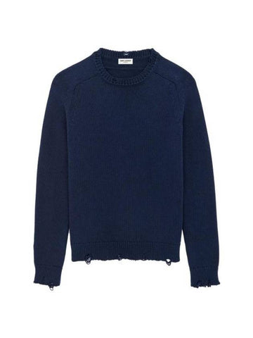 Destroyed Cotton Knit Top Blue - SAINT LAURENT - BALAAN 1