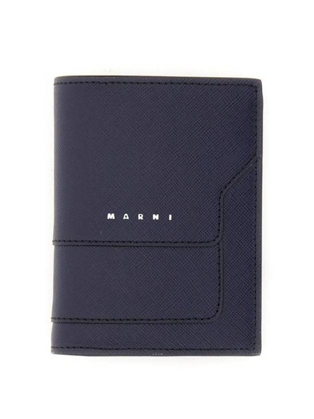 Men's Logo Print Leather Card Wallet Navy - MARNI - BALAAN 1