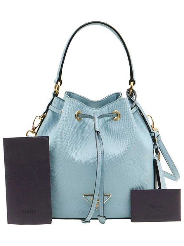 Sky Blue Saffiano Cuir Gold Triangle Logo Bucket 2WAY 1BE032 - PRADA - BALAAN 2