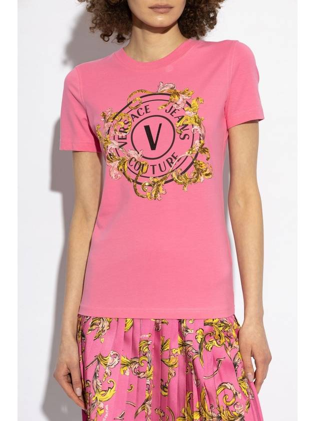 Versace Jeans Couture T-shirt With Print And Shimmering Appliqués, Women's, Pink - VERSACE - BALAAN 3