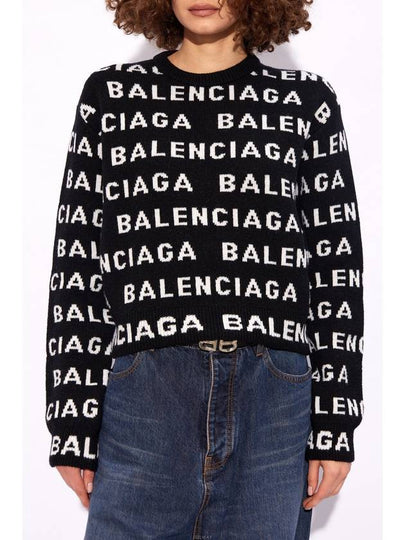 Intarsia All-Over Logo Crew Neck Knit Top Black - BALENCIAGA - BALAAN 2