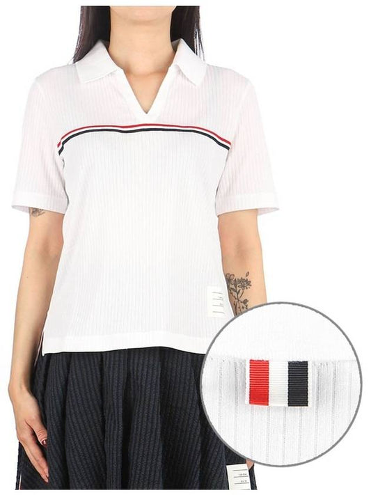 Three Stripes High Twist Rib Polo Shirt White - THOM BROWNE - BALAAN 2