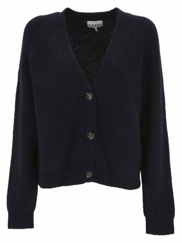 Women's V-neck Long Sleeve Knit Cardigan Navy - GANNI - BALAAN.