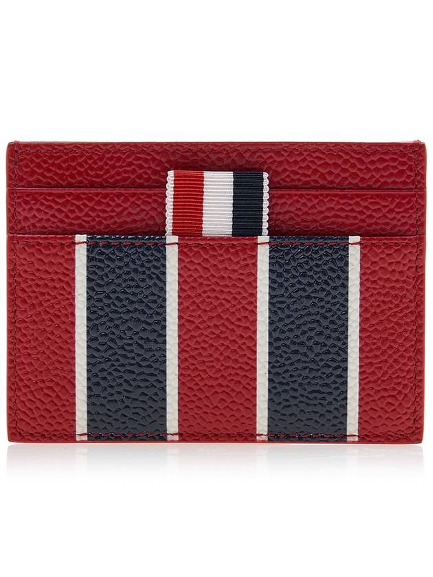 Striped Pebble Grain Leather Single Card Wallet Red - THOM BROWNE - BALAAN 2