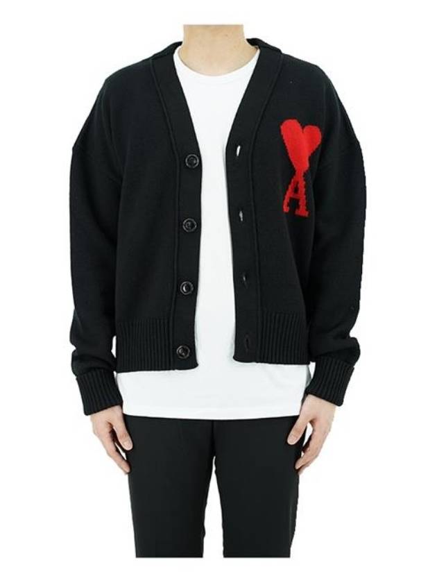 Intarsia Big Heart Logo Oversized Virgin Wool Cardigan Black - AMI - BALAAN 3