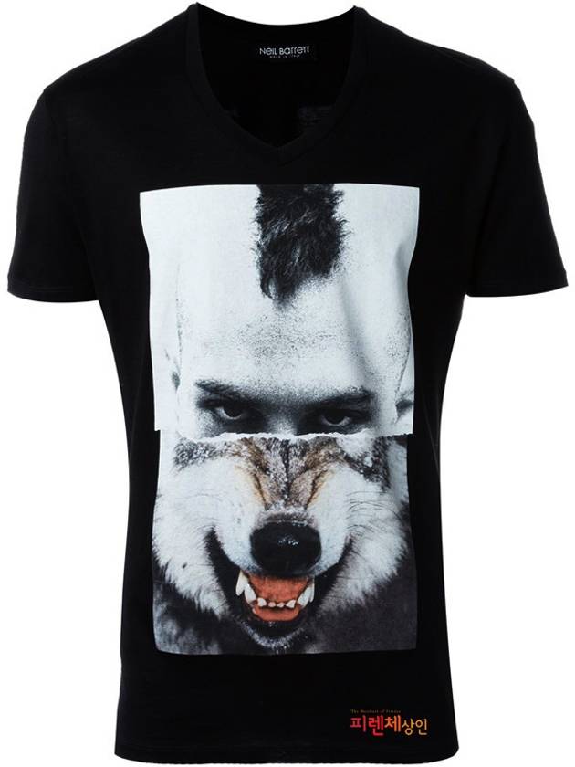 Size 95 Black Mohican Wolf Face Printing Vneck Short Sleeve Tshirt - NEIL BARRETT - BALAAN 2