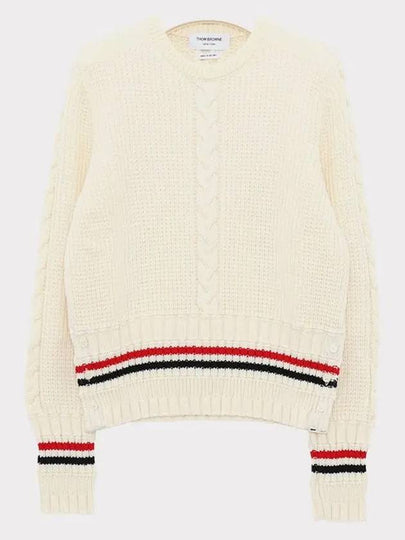 Men's Cable Stitch Merino Striped Wool Knit Top White - THOM BROWNE - BALAAN 2