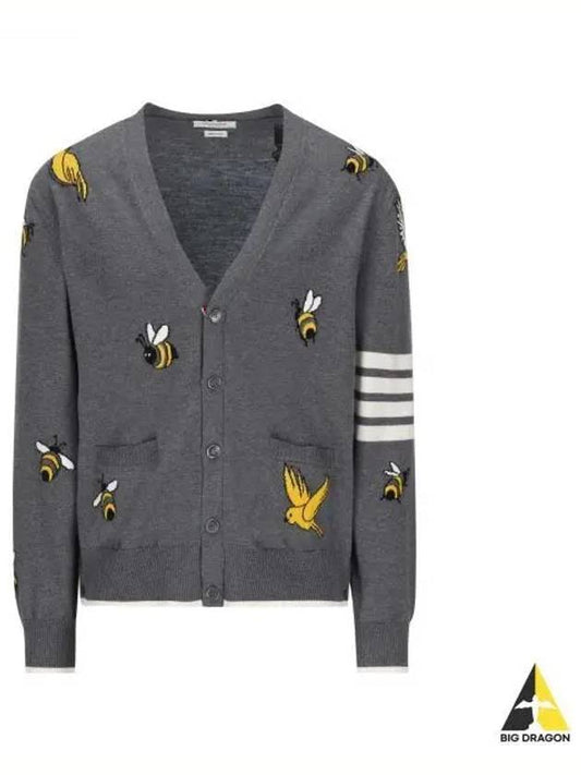 Men's Merino Bird Bee 4 Bar V-Neck Merino Cotton Cardigan Medium Grey - THOM BROWNE - BALAAN 2