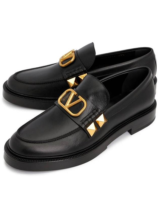 Men's V Logo Studded Leather Loafers Black - VALENTINO - BALAAN.