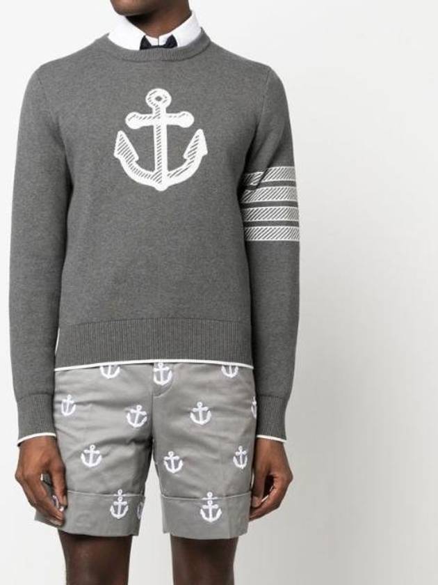 Men's Anchor Jacquard 4-Bar Crew Neck Knit Top Med Grey - THOM BROWNE - BALAAN 4