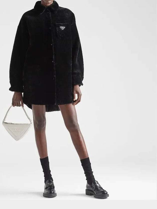 Triangle Logo Reversible Gabardine Shearling Coat Black - PRADA - BALAAN 6