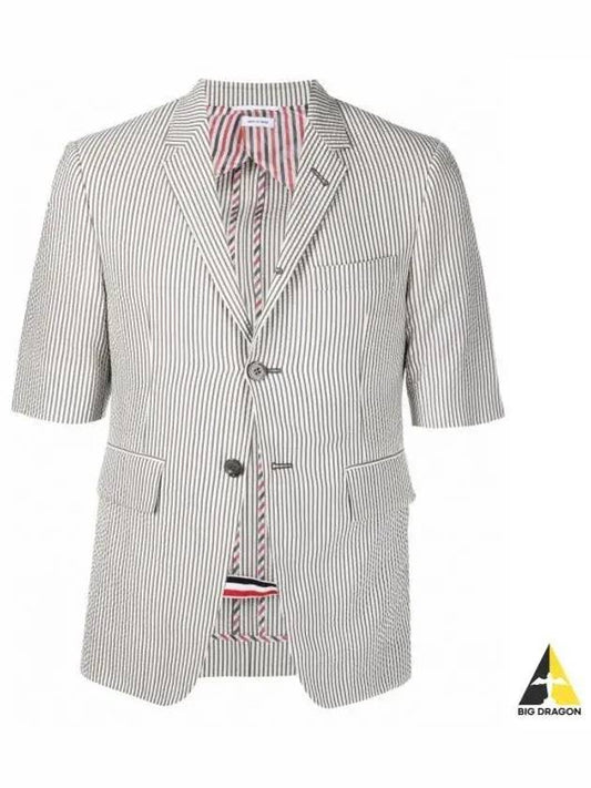 Men's Seersucker Wool Short Sleeve Jacket Medium Grey - THOM BROWNE - BALAAN 2